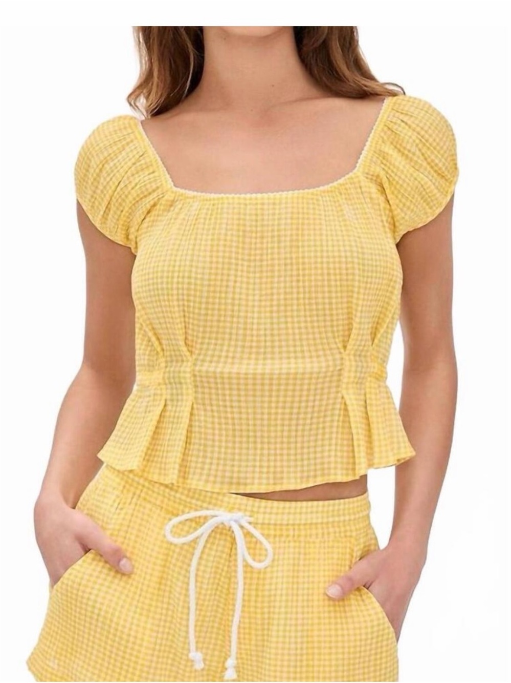 Ciao Lucia Yellow Gingham Square-Neck Peplum Top-never worn